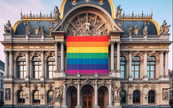 Image créée par intelligence artificielle représentant un bâtiment ressemblant à un musée avec un énorme drapeau arc-en-ciel sur la façade