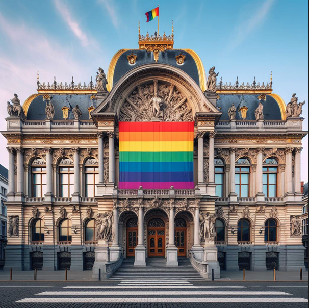 Image créée par intelligence artificielle représentant un bâtiment ressemblant à un musée avec un énorme drapeau arc-en-ciel sur la façade